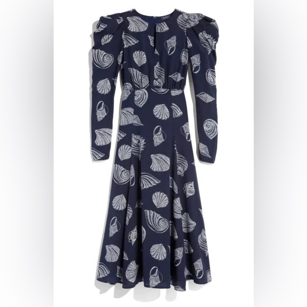 NWT Vineyard Vines Shell Print Sleeved Silk Crêpe De Chine Dress Navy Blue 16